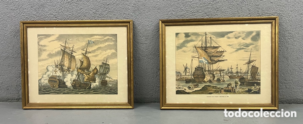 Vintage: &rdquo;Pareja de grabados navales enmarcados - Daniel Derveaux - Saint-Malo 1785&rdquo;