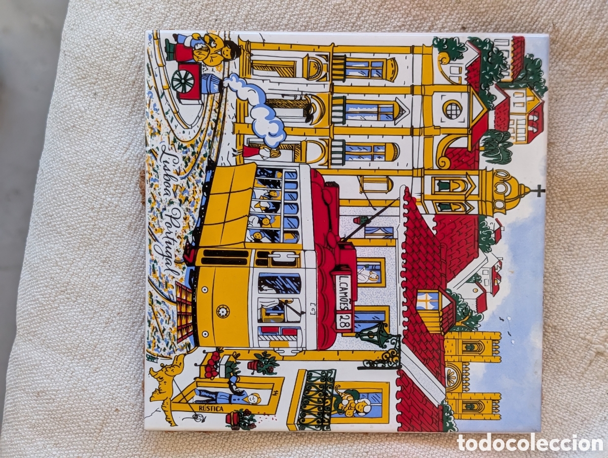 Vintage: Azulejo de Cer&aacute;mica Portuguesa - Tranv&iacute;a 28 de Lisboa - Medidas 15x15 cm