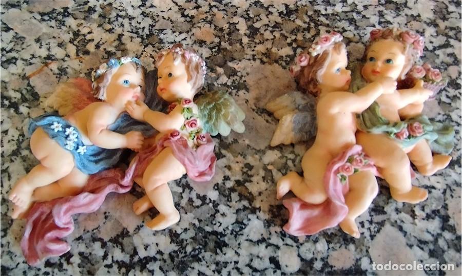 Vintage: 2 PAREJAS DE ANGELITOS CON FLORES MIDEN 14/11 CM EN RESINA